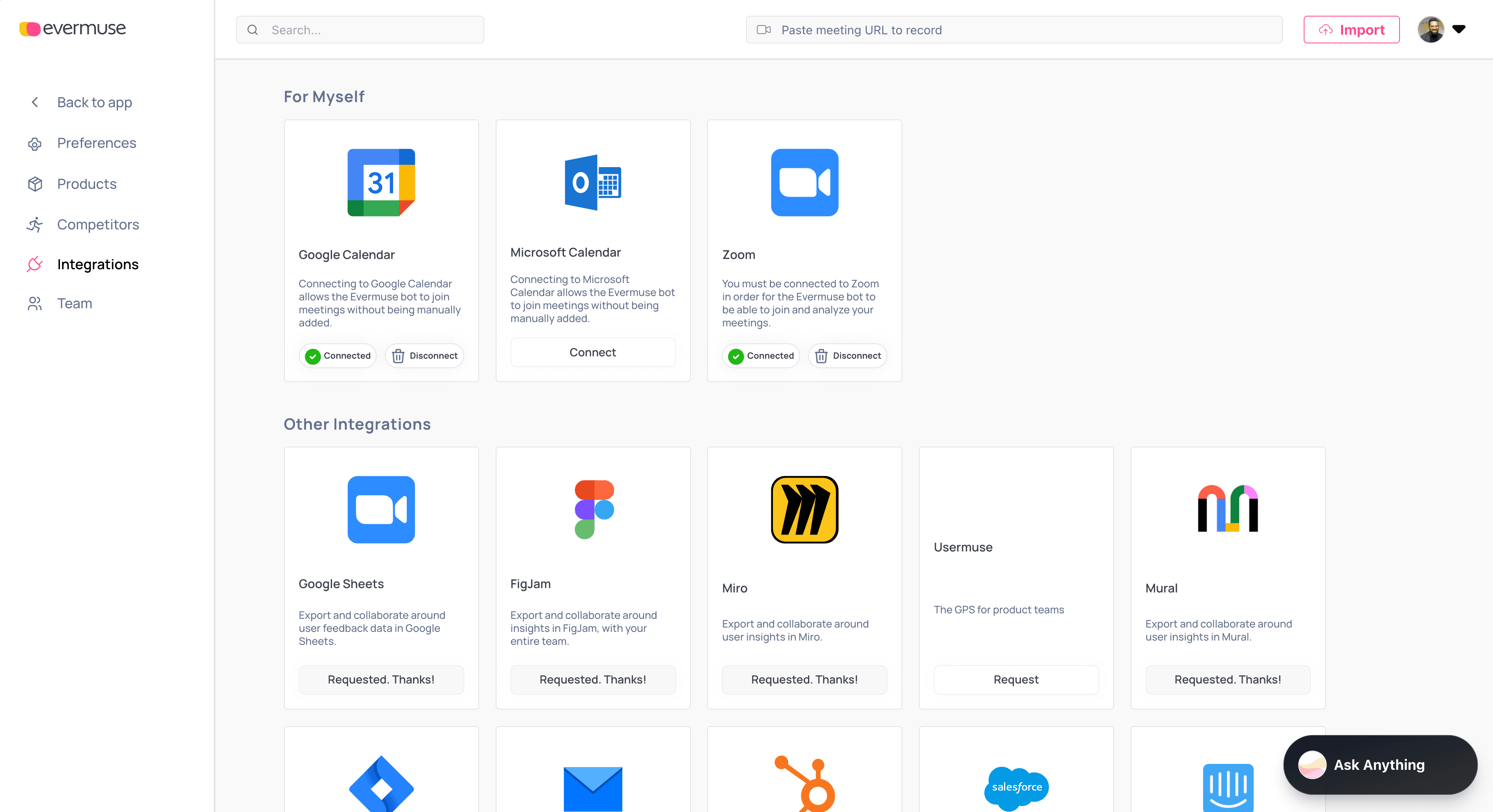 Evermuse integrations settings page showing Zoom connection