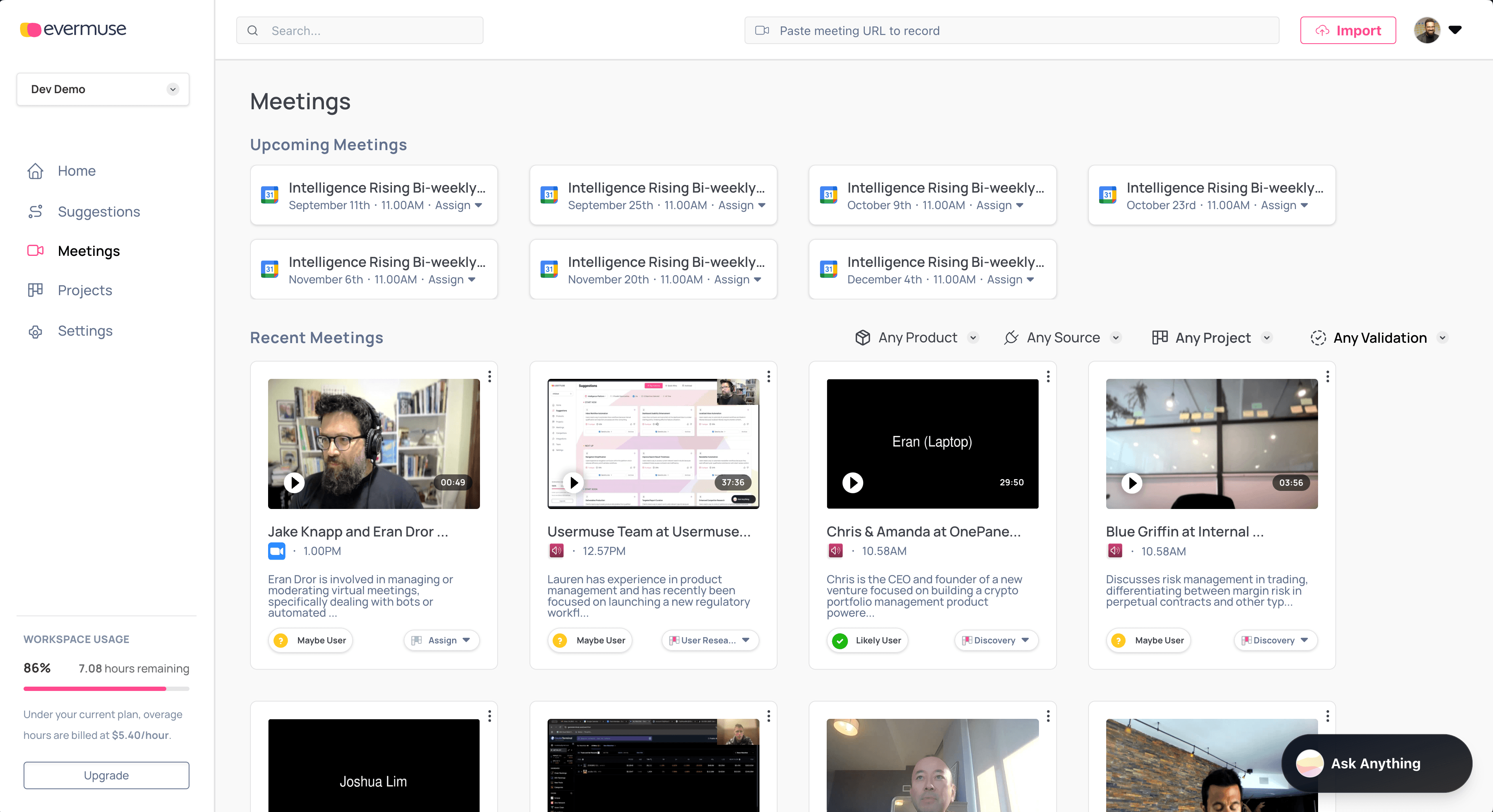 Evermuse meetings interface showing how to add a Zoom meeting