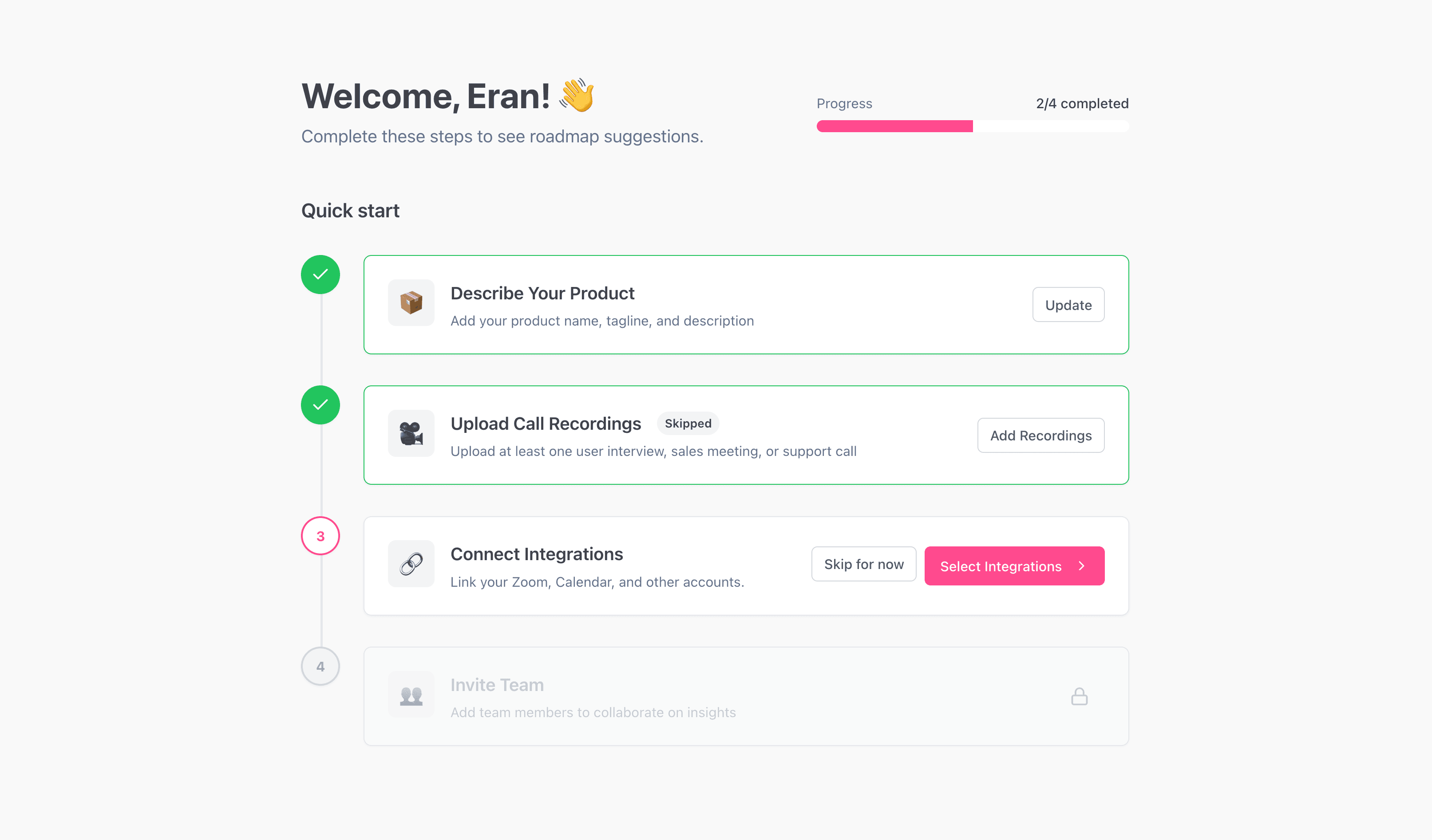 Evermuse onboarding checklist showing Zoom integration step